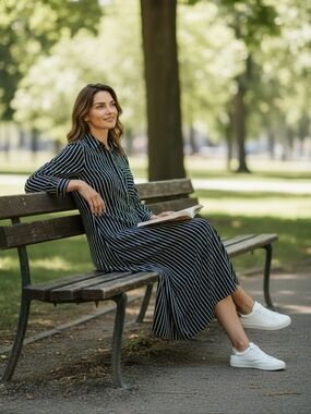 EDITION Women's Black White Vertical Stripe Long Sleeve Shirt Maxi Dress Size 16